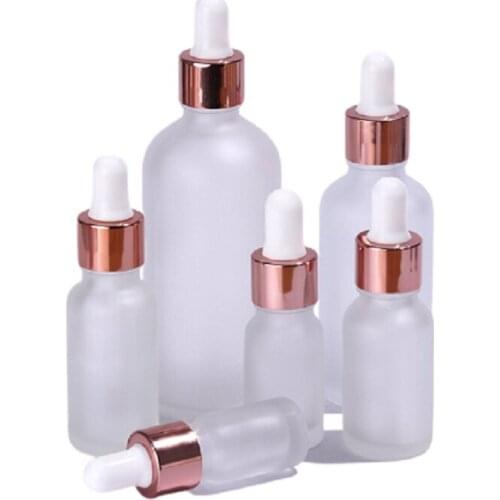 Frost Glass Essential Oil Bottle With Dropper Rose Gold Lid Empty Cosmetic Packaging Container Refillable Vial 5ML-30ML 25pieces