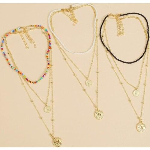 Pendant Choker Set Fashion Creative Alloy Coin Choker Colorful Beaded Necklace for Women Girls Bohemian Style Jewellery