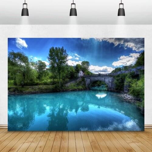 Laeacco Village Natural Scenery Bridge River Blue Light Trees Cloud Photo Backgrounds Photo Backdrops Photocall Photo Studio