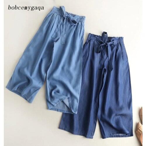 Summer denim wide leg pants belt bow lace up loose palazzo pants high waist casual cotton blue Jeans calf length pants