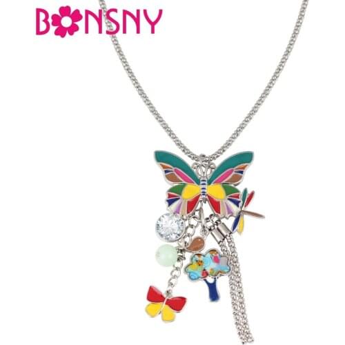 Bonsny Enamel Alloy Butterfly Bird Tree Dragonfly Necklace Pendant Rhinestone Animal Jewelry For Women Girl Teens Gift Accessory