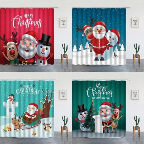 Christmas Shower Curtains Set Funny Santa Claus Snowman Elk Printed Holiday Bathroom Decor Washable Bathtub Screen With Hooks