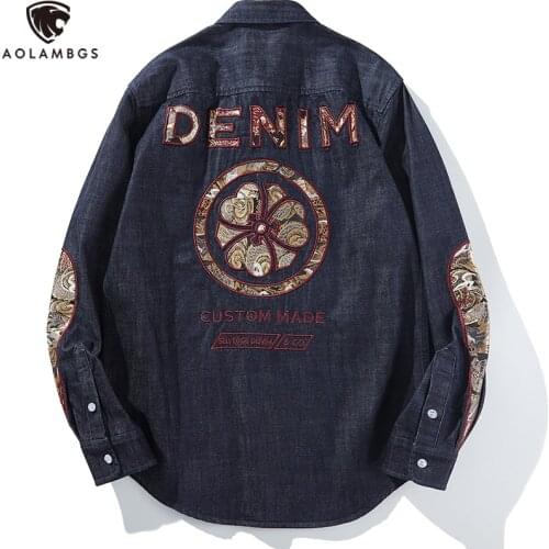 Aolamegs Mens Denim Shirts Japanese Embroidery Clothing Autumn Fashion High Street Casual Simple Coat Retro Oversize Streetwear