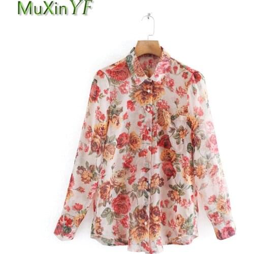 Spring Autumn Fashion Print Full Sleeve Shirts for Women 2021 New Trendy before Pocket Polo Collar Tops Lady Blouse Streetwear