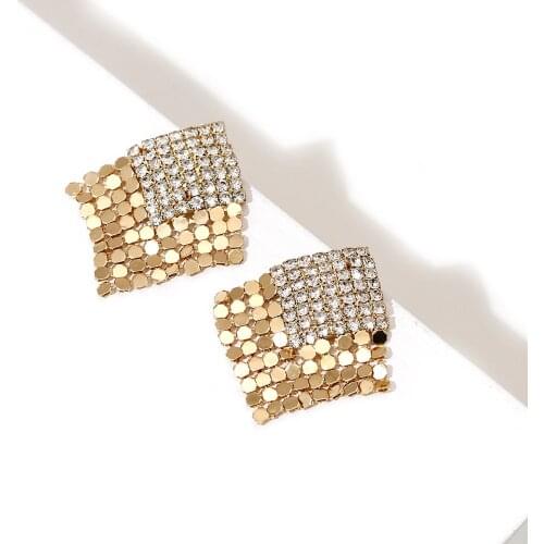 AENSOA Shiny Gold Silver Color Metal Tassel Big Stud Earring for Women Big Large Square Geometric Earrings Vintage Earrings