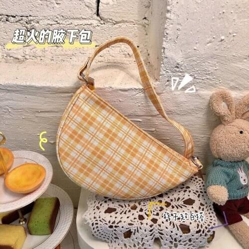 Women Baguette Bag Nylon Axillary Medieval Package Simple Girls Shopping Crescent Moon Grid Orange Fashion Ins Shoulder