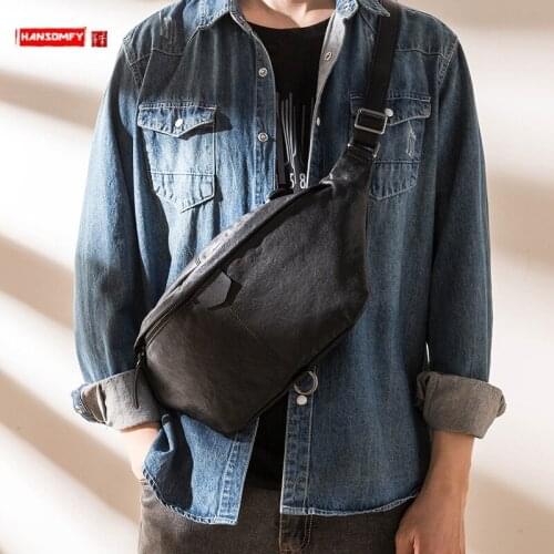 Genuine Leather All-Match Chest Bag Men Fashion Trendy Crossbody Bag Casual First Layer Leather Phone Bag Portable Shoulder Bag