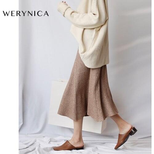 Werynica Vintage autumn Winter Women thick sweater Umbrella skirt High Waist Midi knit Skirt A-line female solid elegant Skirt