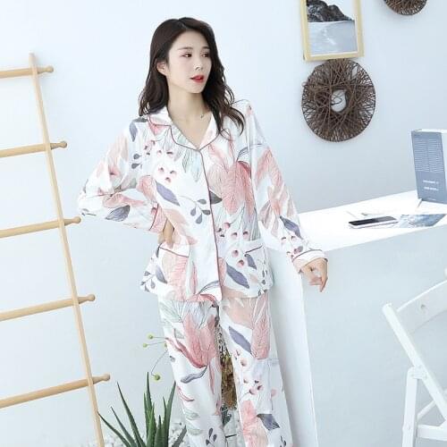 2019 Long Sleeve 100% Cotton Women Pajamas Autumn Floral Printed Fresh Style Sleepwear Set Turn-down Collar Casual Pjs Homewear