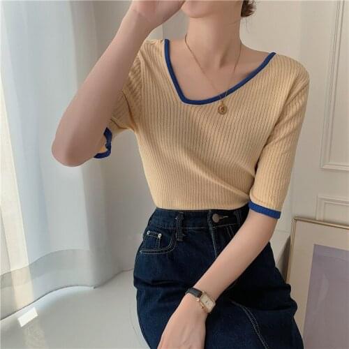 TheNew Knitted short sleeve T-shirt Women Tops Korea summer Tshirt thinO-neck knit Female Tee shirt Can be worn before and after