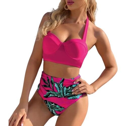 Women Push Up Bikini Set Halter Neck Sleeveless Tops and High Waist Shorts Summer Swimwear Bathing Suit Swimming Beachwear