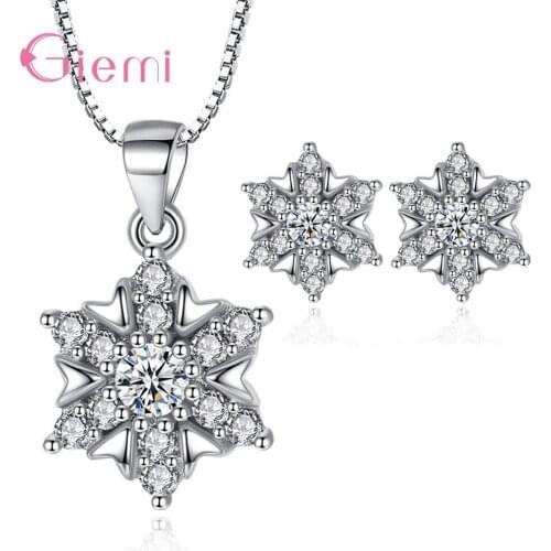 Temperament 925 Sterling Silver Snowflake Pendant Earring Sets for Women Girl Fashion Cubic Zircon Jewelry Kits Ornaments