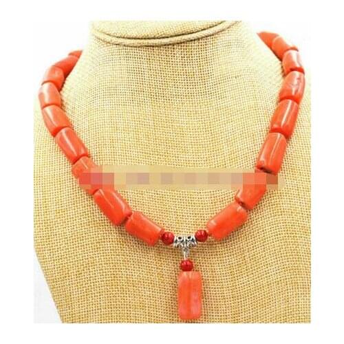 Free shipping Charming!Amazing Orange Cylinder Coral Gemstone Necklace 18"