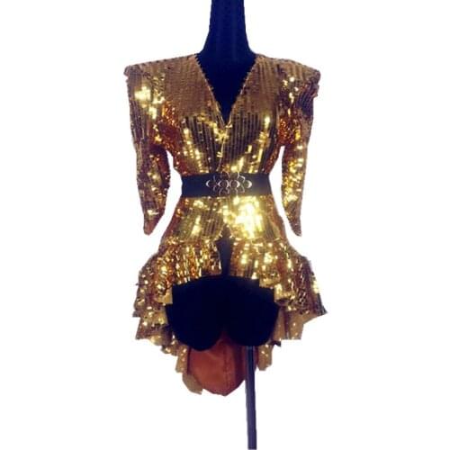 Shining Silver Gold Sequin Bodysuit Overcoat Singer DJ DS Dance Costume Stage Dancer Performance Sexy Nightclub Show Tail Skirt