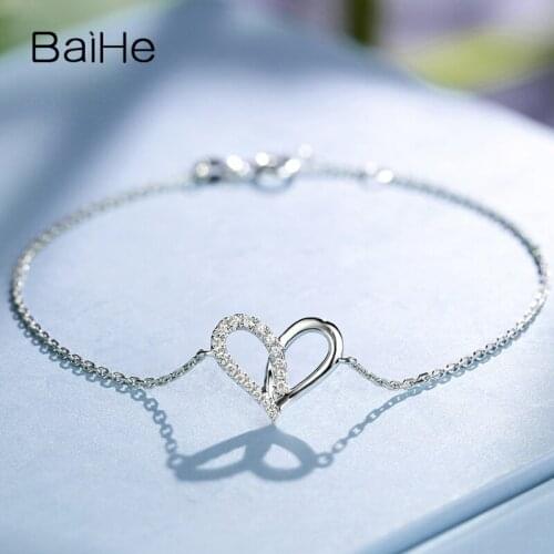 BAIHE Solid 18K White Gold 0.08ct Natural Diamonds Engagement Women Trendy Fine Jewelry Beautiful heart-shaped diamond Bracelet