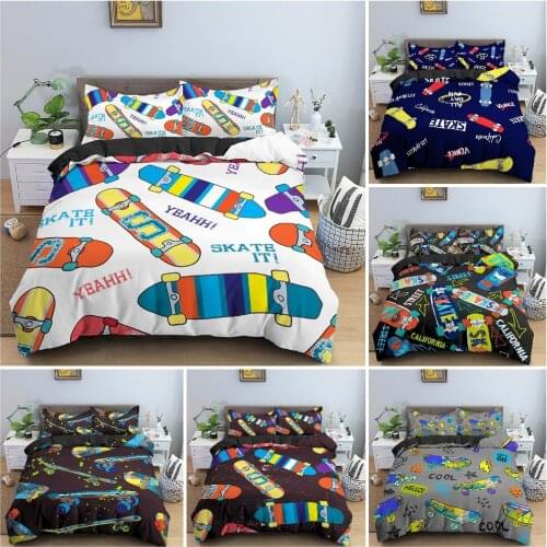2/3PCS Cartoon Skateboard Bedding Set Kid Boyss Bedroom Duvet Cover Set King Queen Twin Size Bedclothes Pillowcase Home Decor