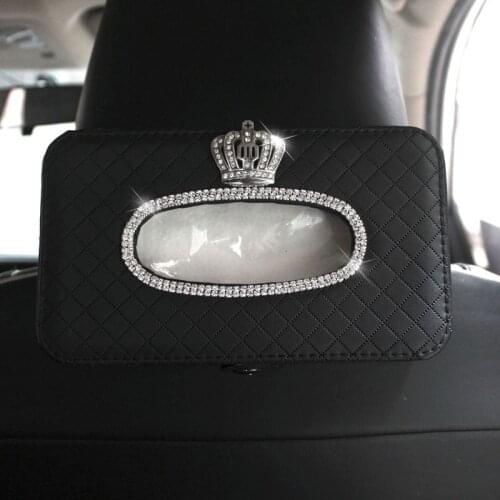 Crown Crstal Rhinestone Car Tissue Case Box PU Leather Backseat Hanging Paper Towel Storage Covers Auto headrest Back Organizers