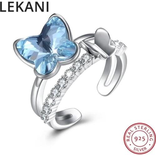 LEKANI Crystals From SWAROVSKI Blue Butterfly Open Rings Adjustable Real S925 Silver Fine Finger Accessories For Women