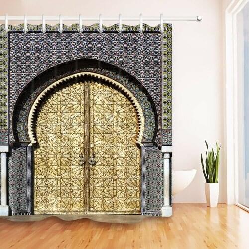 Moroccan Shower Curtain Antique Arched Doors Morocco Yellow Doorknob Ornamental Carved Fabric Bathroom Decor Curtains with Hooks