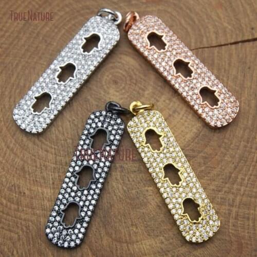 Copper Pendant Jewelry Clear Cz Micro Pave Hollow Out Hand Hamsa Rounded Rectangle Pendant In 34.5*8.5 mm PM9237