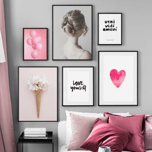 Wall Art Canvas Painting Pink Balloon Flower Girl Love Quotes Nordic Posters And Prints Wall Pictures For Living Room Bed Room