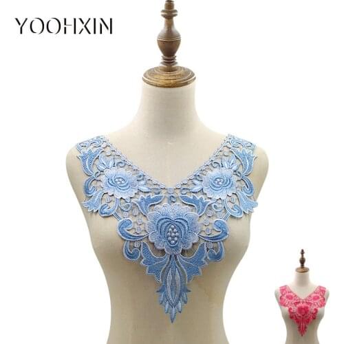 NEW flower red blue Embroidered lace fabric sewing DIY trim tulle applique Ribbon collar wedding dress guipure cloth decor