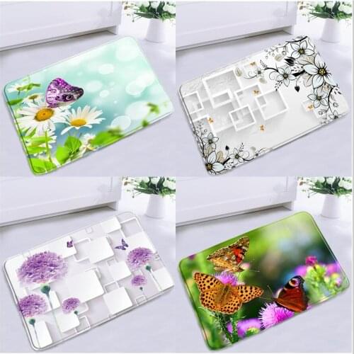 Scenery Anti-skid Bathroom Mats Flower Butterfly Daisies Printed Pattern Flannel Floor Rugs Bath Kitchen Bedroom Entrance Carpet