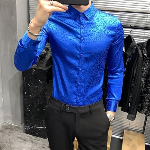 Spring Autumn Fashion Mens Pattern printed Dress Shirt Men Slim Fit Autumn Half Sleeve Shirts Men Solid Blouse Men Harajuku