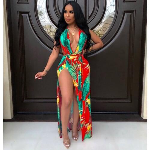 Sexy deep v neck backless summer print beach maxi dress laides lace-up sexy high split long bohemian party dresses