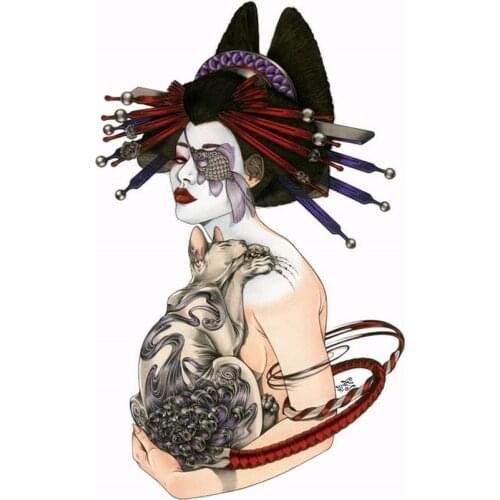 Japanese Girl 3D Waterproof Temporary Sexy Tattoo Stickers Cats like to eat fish Oriental Beauty Makeup Body Art Beauty tattoo