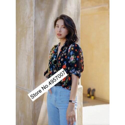 Ladies Silk & Viscose Blend Small Daisy Floral Printed Long Sleeve Lapel Blouse Shirt