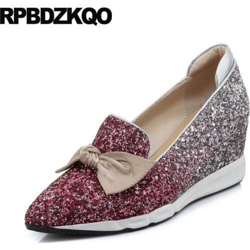 Wedge Kawaii Size 4 34 Pumps Sequin Pink Cute Women Pointed Toe Glitter Bling Wedding Shoes Japanese 2018 Bow Silver High Heels