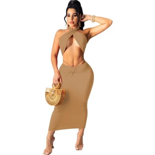 S-XXL Women Sexy Hollow Out Halter Wrap Sleeveless Plain Pleated Hanging waist with sexy Casual Long Maxi Dress Two-piece suit