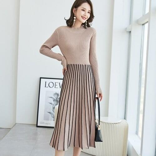 Women Sweater Dress 2020 New Autumn Winter o-Neck Knitted Pleated Long Pullover Dress