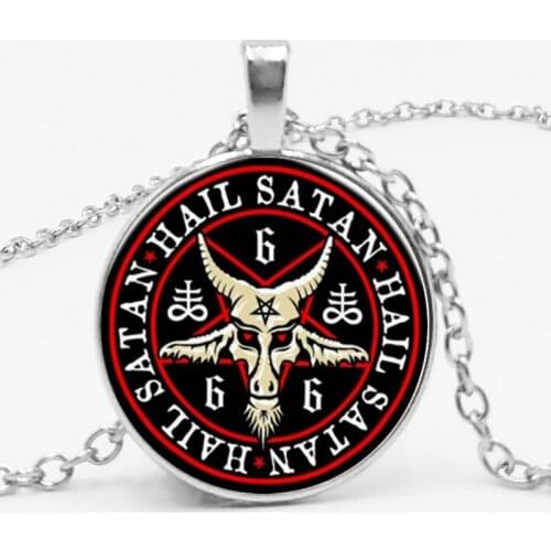 2019 / Hot Vintage Pentagram Necklace Mens Satanism Gothic Jewelry Red Goat Head Glass Dome Pendant Baphomet Necklace