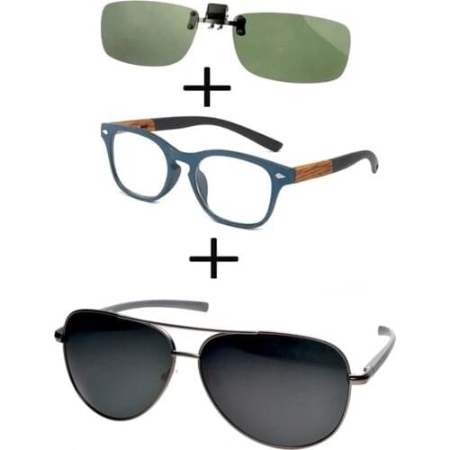 3Pcs!!! Comfortable Wooden Squared Frame Reading Glasses for Men Women + Alloy Polarized Sunglasses Pillot + Sunglasses Clip