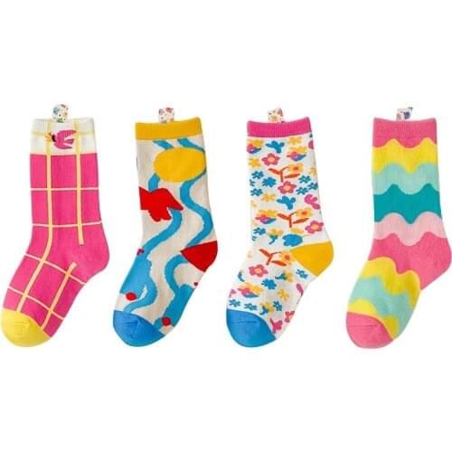 4 Pairs Korean Style Autumn Floral/Strip Boys Girls Kids Socks Set Toddler Plaid Short Sockens Cotton Comfortable Children Socks