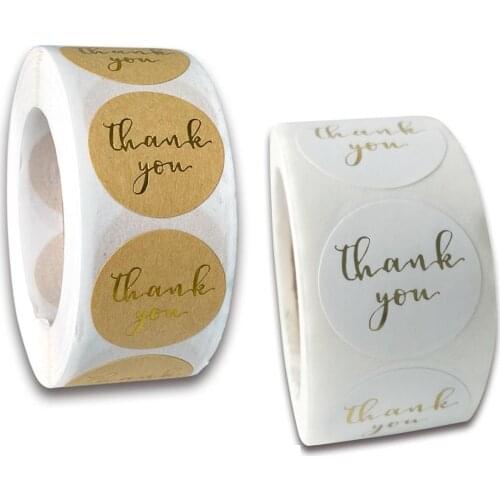 500pcs Thankyou Handemade Stickers Circle Sticker Golden Stamp Printing Kraft Color/ White Coated Paper Disposable Product