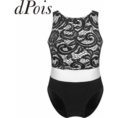 Kids Girls Lace Top Bodice Ballet Leotard Sleeveless Color Block Gymnastics Leotard Bodysuit For Ballerina Stage Performance