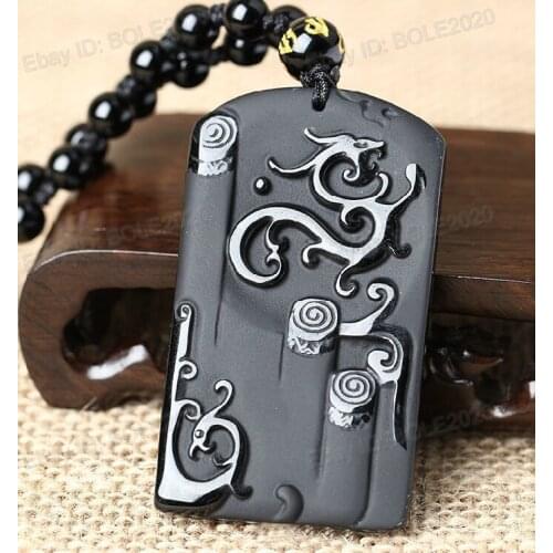 Free shipping 100% Natural Black Obsidian Carved Dragon Phoenix Lucky Pendant + Beads Necklace