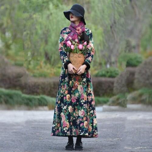 Free Shipping 2021 New Fashion Cotton Fleece Thick Warm Long Maxi Dress With Pocket Women Long-sleeve Loose Flower Chinese Style