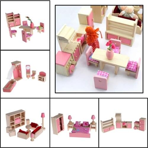 Kid Wooden Furniture Dolls House Miniature 5 Room Set Doll For Christmas Gifts