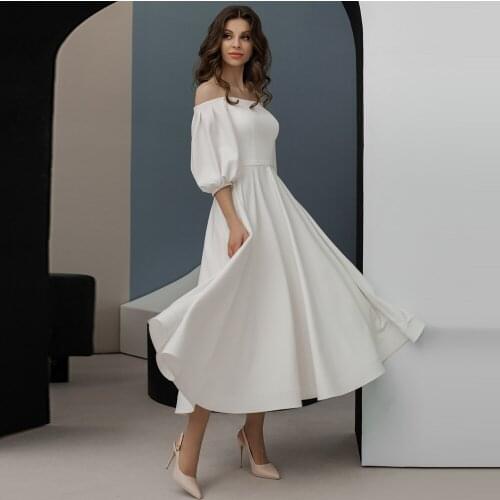 Elegant White Short Wedding Dress Boat Neck Lantern Sleeve Simple Bridal Gowns A Line Jersey Robe De Mariée 2021 New Arrival