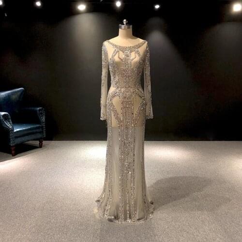 JIALINZEYI Rhine Long sleeves Sequins Beads Sexy Zuhair Murad Mermaidluxurious Evening dress