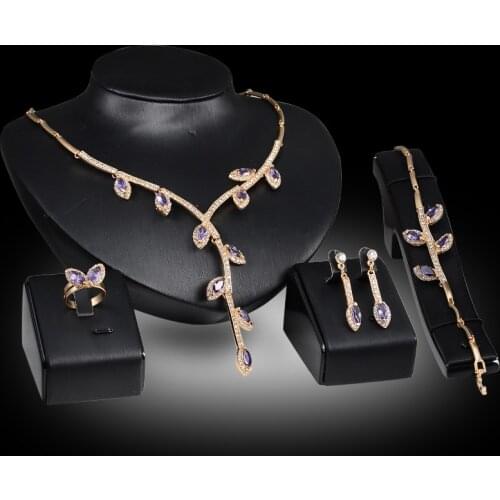 Fashion gold Color Purple crystal Pendant necklace bracelet earrings Ring women Wedding bridal jewelry sets
