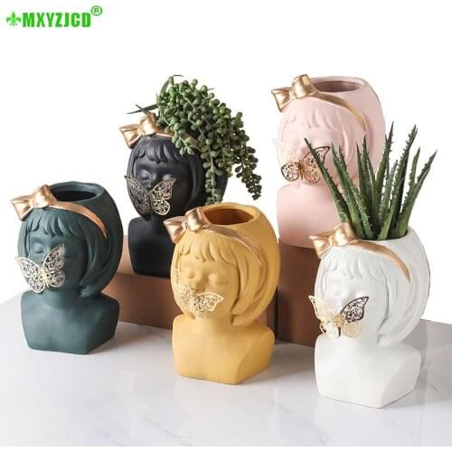Nordic Living Room Creative Girl Head Ceramic Flowerpot Decoration Succulents Vase Ornaments Dried Flower Accessories Plant