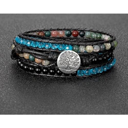 Fashion Handmade Crystal Natural Stone Combination Beaded Bracelet Boho Jewelry Tree of Life Button 3 Strands Wrap Bracelets