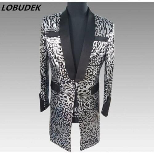 Men Silvery Sequins Long Coat Fashion Slim Formal Suit Jackets Tide Male Singer Stage Costume Nightclub Host Show Dance Clothing