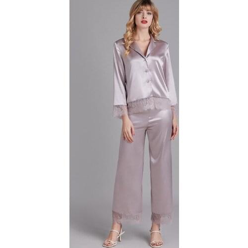 2021 New Women Pajamas Set Lace Trim 2PCS Sleepwear Faux Silk Shirt&Pants Femme Loose Pijamas Suit Casual Trousers Suit