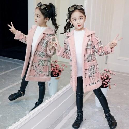 New Girls Woolen Winter Coat Long Thicken Plaid Jacket For Girls Cotton Childrens Jacket Girls Clothes For 4-12 Years Old